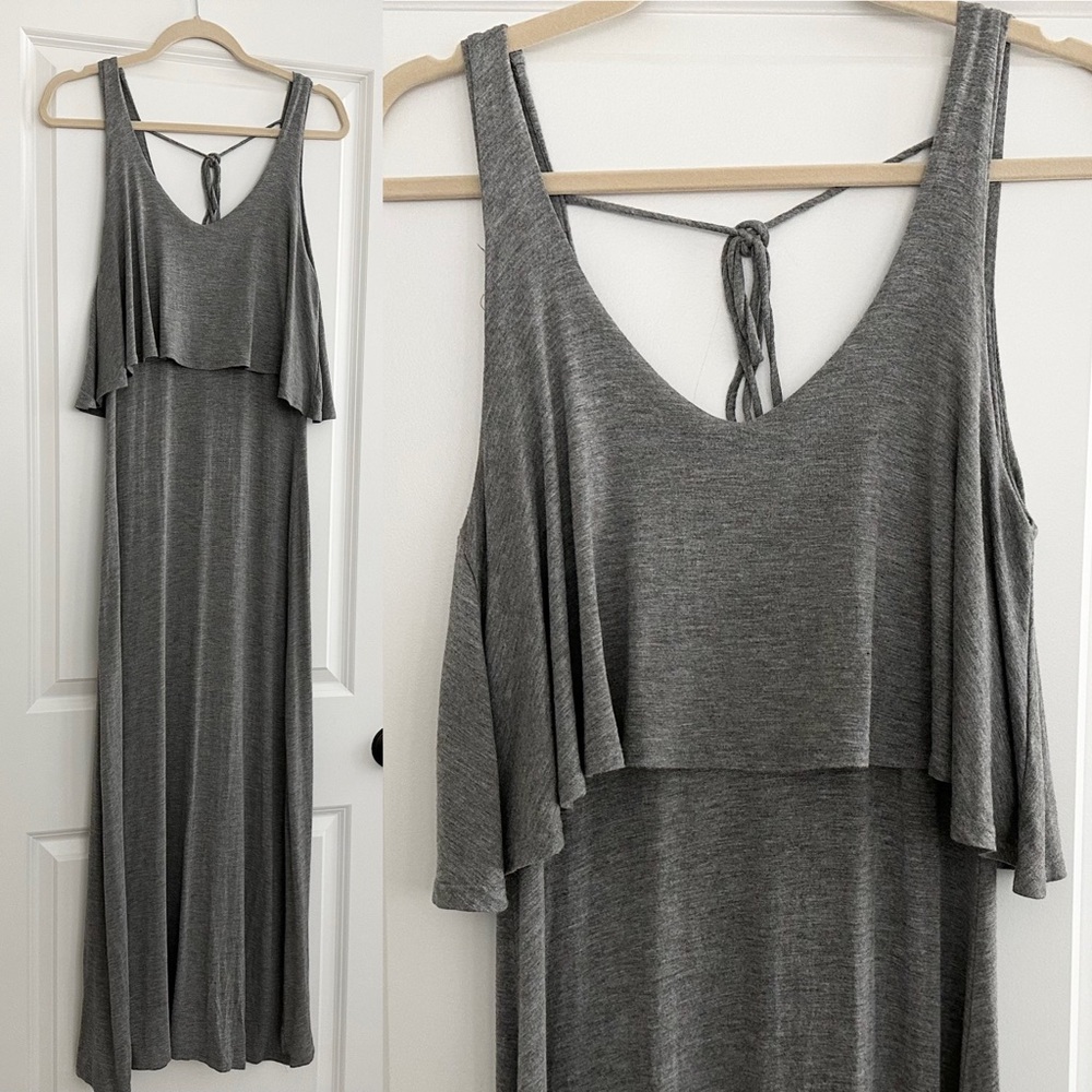Grey Sleeveless Tank Top Maxi Dress With Ruffle & Back Tie - Soft & Stretchy
